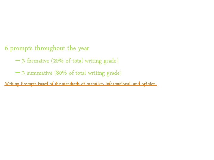 6 prompts throughout the year – 3 formative (20% of total writing grade) –