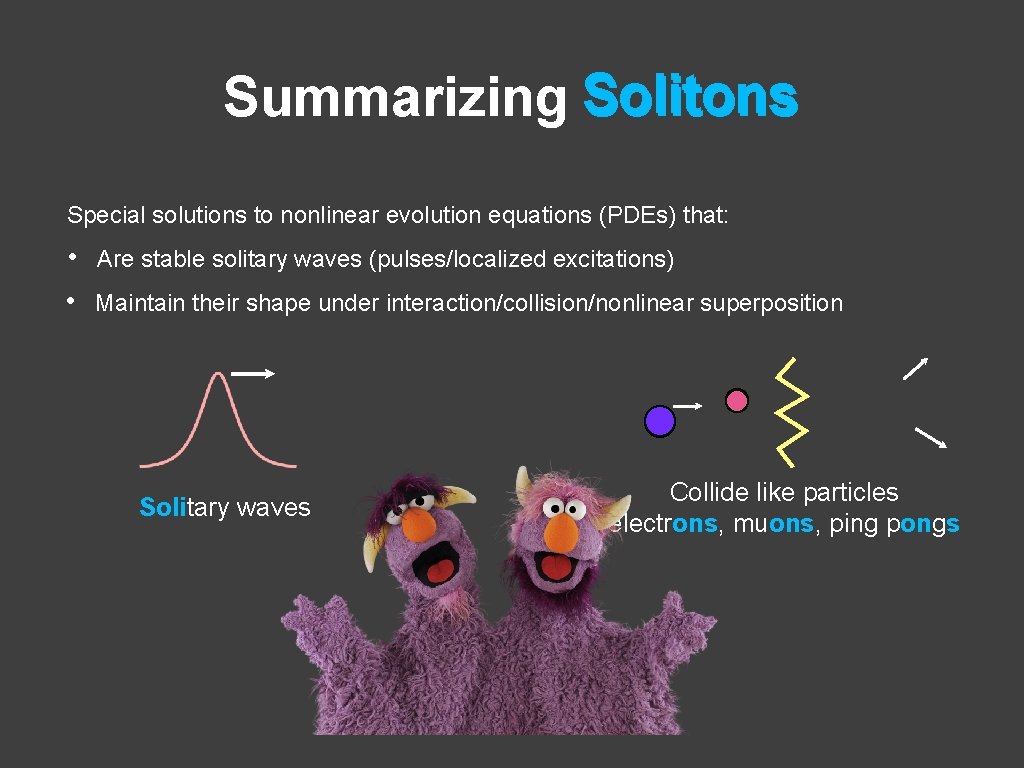 Summarizing Solitons Special solutions to nonlinear evolution equations (PDEs) that: • • Are stable