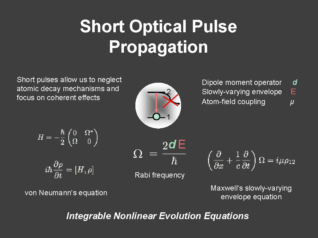 Short Optical Pulse Propagation Short pulses allow us to neglect atomic decay mechanisms and