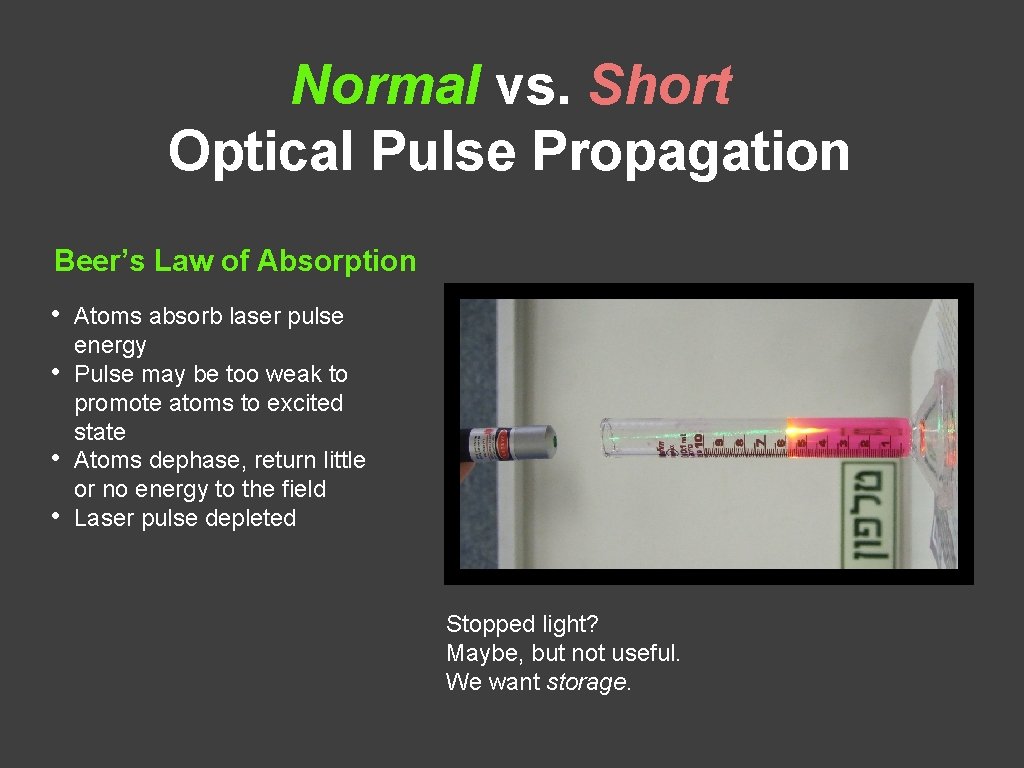 Normal vs. Short Optical Pulse Propagation Beer’s Law of Absorption • • Atoms absorb