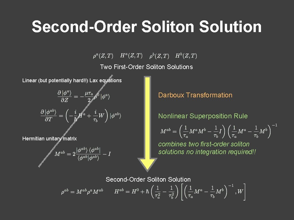 Second-Order Soliton Solution Two First-Order Soliton Solutions Linear (but potentially hard!!) Lax equations Darboux