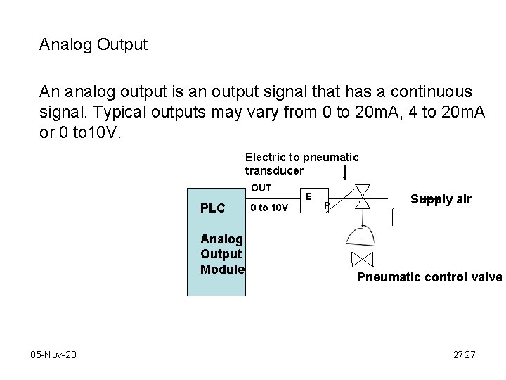 Analog Output An analog output is an output signal that has a continuous signal. Analog Output An analog output is an output signal that has a continuous signal.