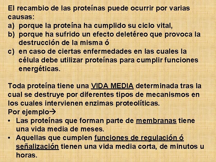 El recambio de las proteínas puede ocurrir por varias causas: a) porque la proteína