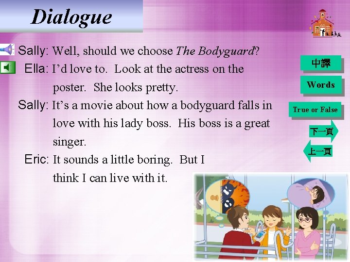 Dialogue Sally: Well, should we choose The Bodyguard? Ella: I’d love to. Look at