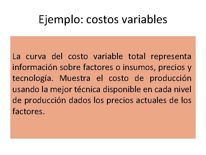 Ejemplo: costos variables La curva del costo variable total representa información sobre factores o