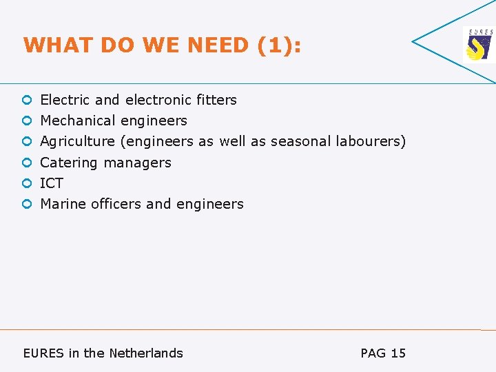 WHAT DO WE NEED (1): Electric and electronic fitters Mechanical engineers Agriculture (engineers as