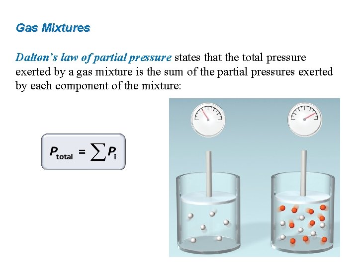 Gas Mixtures Dalton’s law of partial pressure states that the total pressure exerted by