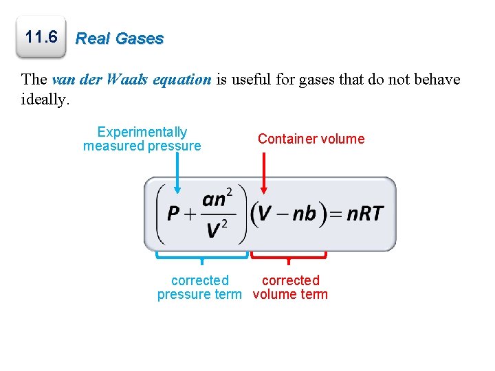 11. 6 Real Gases The van der Waals equation is useful for gases that