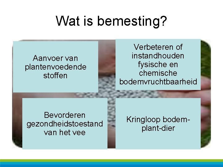 Wat is bemesting? Aanvoer van plantenvoedende stoffen Bevorderen gezondheidstoestand van het vee Verbeteren of