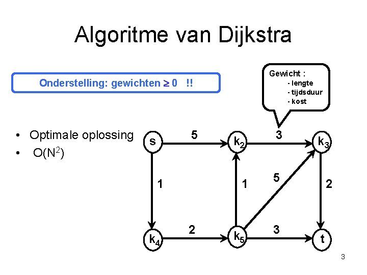 Algoritme van Dijkstra Gewicht : Onderstelling: gewichten ³ 0 !! • Optimale oplossing •