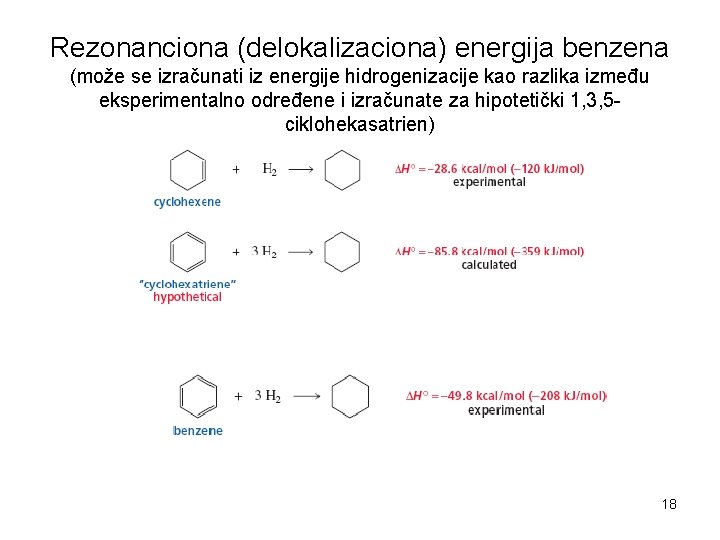 Rezonanciona (delokalizaciona) energija benzena (može se izračunati iz energije hidrogenizacije kao razlika između eksperimentalno