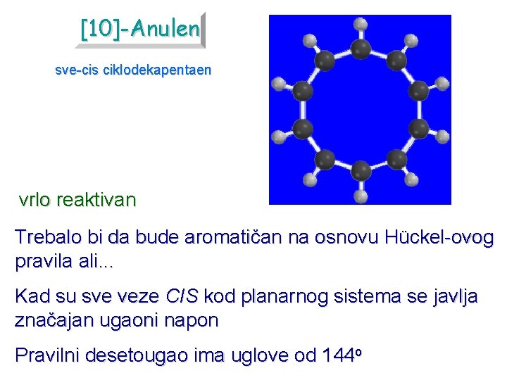 [10]-Anulen sve-cis ciklodekapentaen vrlo reaktivan Trebalo bi da bude aromatičan na osnovu Hückel-ovog pravila