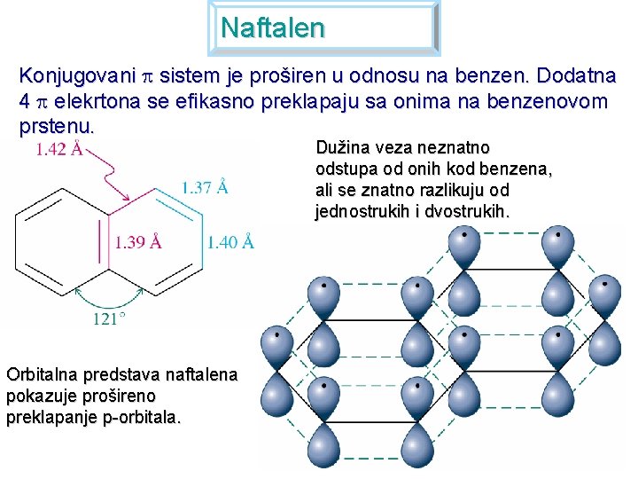 Naftalen Konjugovani sistem je proširen u odnosu na benzen. Dodatna 4 elekrtona se efikasno