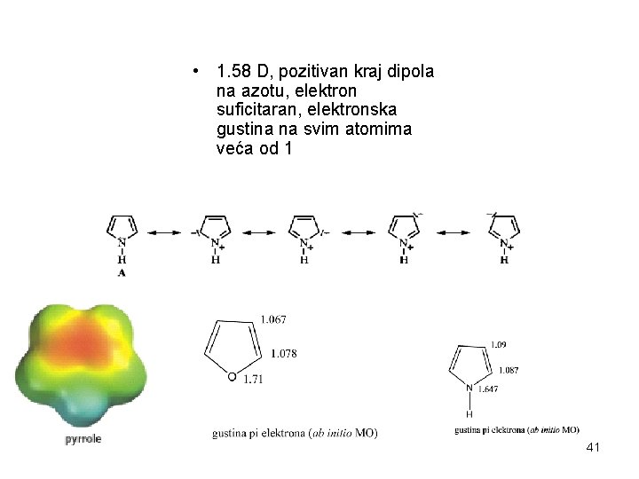  • 1. 58 D, pozitivan kraj dipola na azotu, elektron suficitaran, elektronska gustina