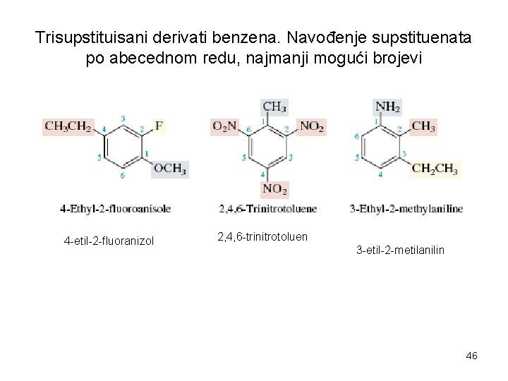 Trisupstituisani derivati benzena. Navođenje supstituenata po abecednom redu, najmanji mogući brojevi 4 -etil-2 -fluoranizol