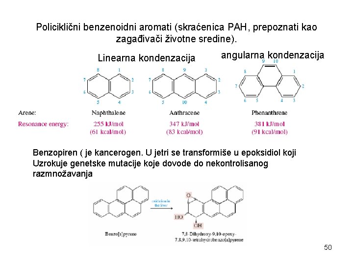 Policiklični benzenoidni aromati (skraćenica PAH, prepoznati kao zagađivači životne sredine). Linearna kondenzacija angularna kondenzacija