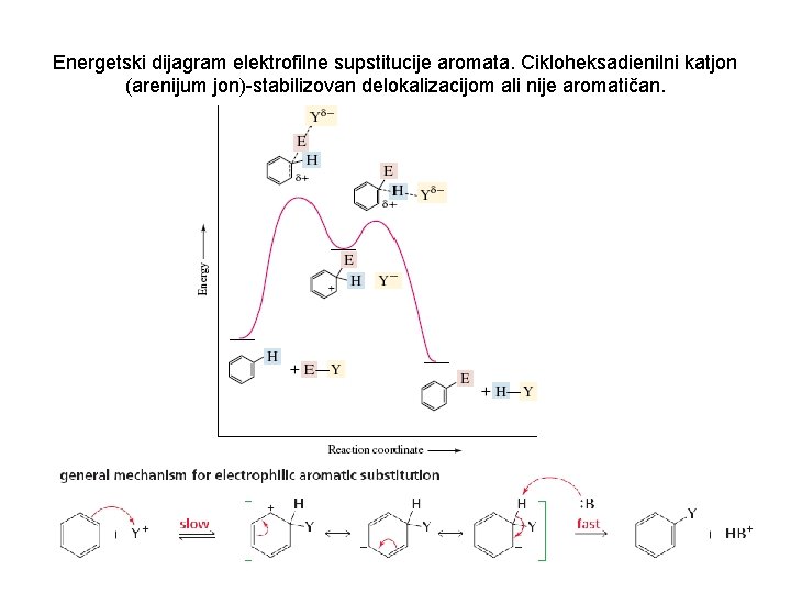 Energetski dijagram elektrofilne supstitucije aromata. Cikloheksadienilni katjon (arenijum jon)-stabilizovan delokalizacijom ali nije aromatičan. 65