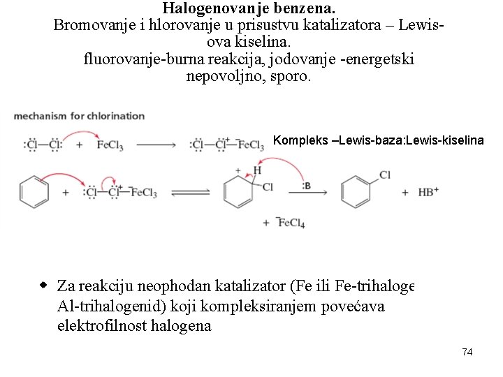 Halogenovanje benzena. Bromovanje i hlorovanje u prisustvu katalizatora – Lewisova kiselina. fluorovanje-burna reakcija, jodovanje