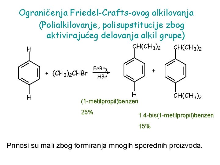 Ograničenja Friedel-Crafts-ovog alkilovanja (Polialkilovanje, polisupstitucije zbog aktivirajućeg delovanja alkil grupe) (1 -metilpropil)benzen 25% 1,