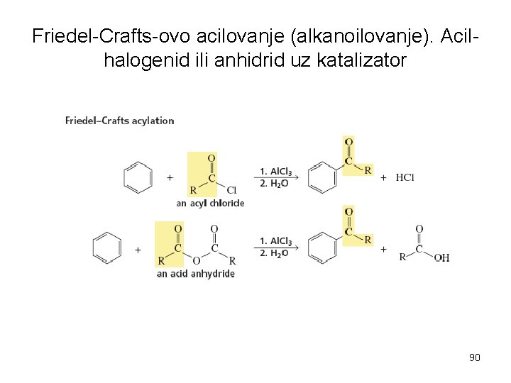 Friedel-Crafts-ovo acilovanje (alkanoilovanje). Acilhalogenid ili anhidrid uz katalizator 90 