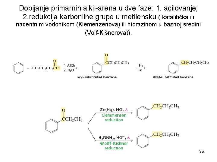 Dobijanje primarnih alkil-arena u dve faze: 1. acilovanje; 2. redukcija karbonilne grupe u metilensku