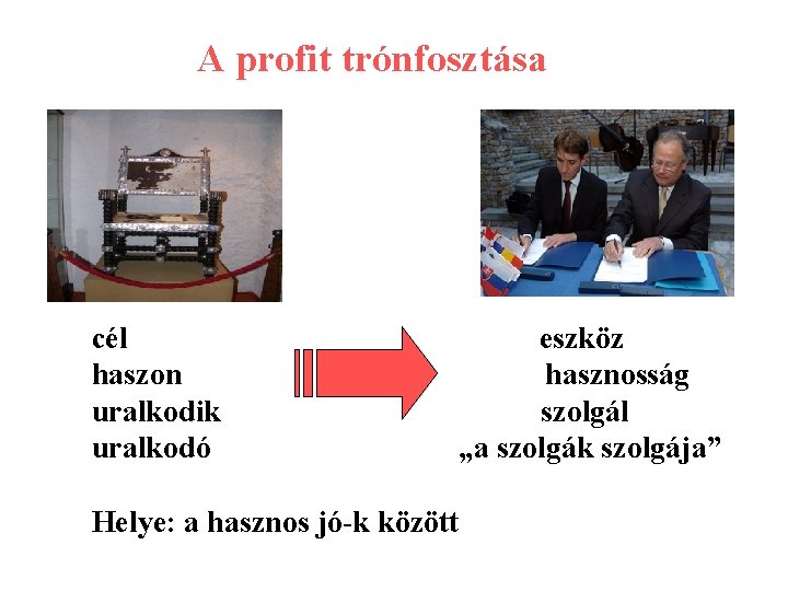 A profit trónfosztása cél haszon uralkodik uralkodó eszköz hasznosság szolgál „a szolgák szolgája” Helye: