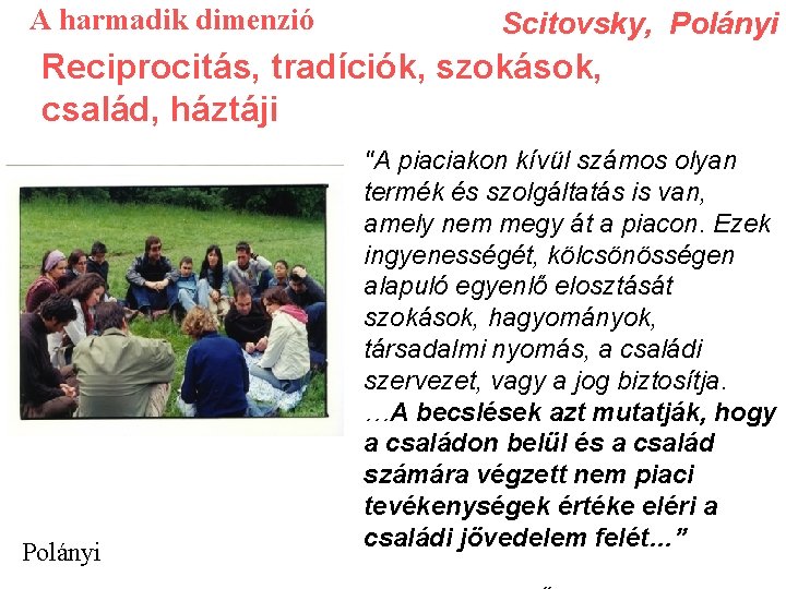 A harmadik dimenzió Scitovsky, Polányi Reciprocitás, tradíciók, szokások, család, háztáji Polányi "A piaciakon kívül