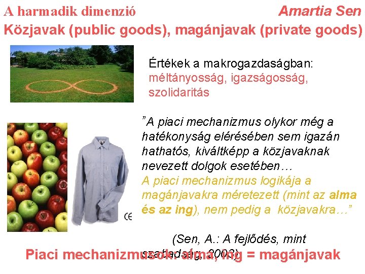 A harmadik dimenzió Amartia Sen Közjavak (public goods), magánjavak (private goods) Értékek a makrogazdaságban: