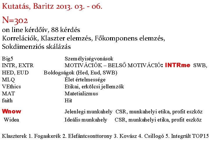 Kutatás, Baritz 2013. 03. - 06. N=302 on line kérdőív, 88 kérdés Korrelációk, Klaszter