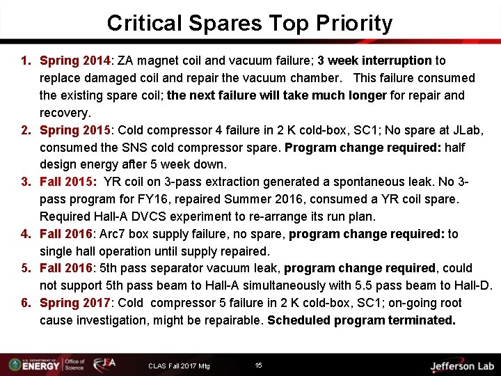 Critical Spares Top Priority 1. Spring 2014: ZA magnet coil and vacuum failure; 3