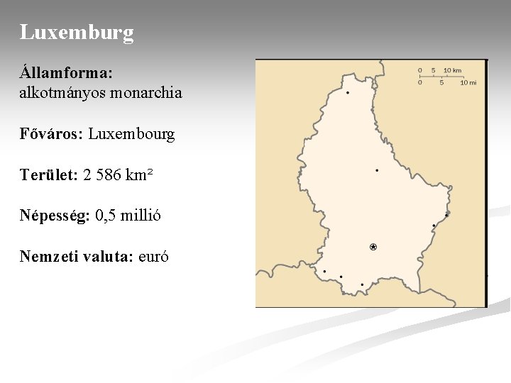 Luxemburg Államforma: alkotmányos monarchia Főváros: Luxembourg Terület: 2 586 km² Népesség: 0, 5 millió