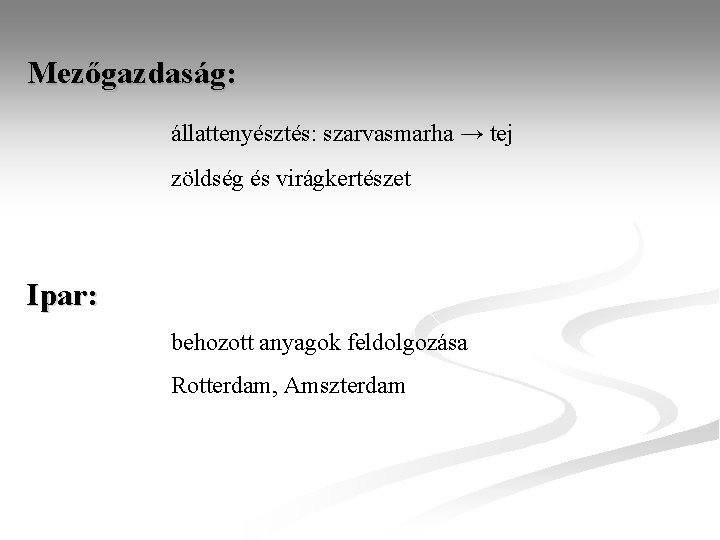 Mezőgazdaság: állattenyésztés: szarvasmarha → tej zöldség és virágkertészet Ipar: behozott anyagok feldolgozása Rotterdam, Amszterdam