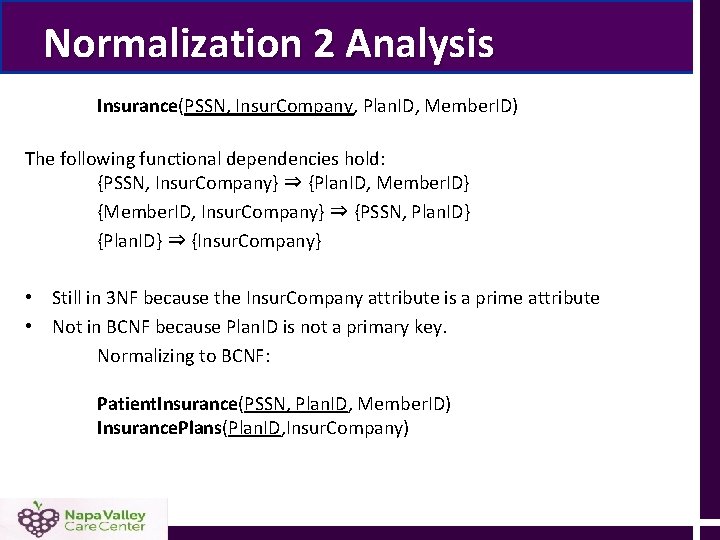 Normalization 2 Analysis Insurance(PSSN, Insur. Company, Plan. ID, Member. ID) The following functional dependencies Normalization 2 Analysis Insurance(PSSN, Insur. Company, Plan. ID, Member. ID) The following functional dependencies