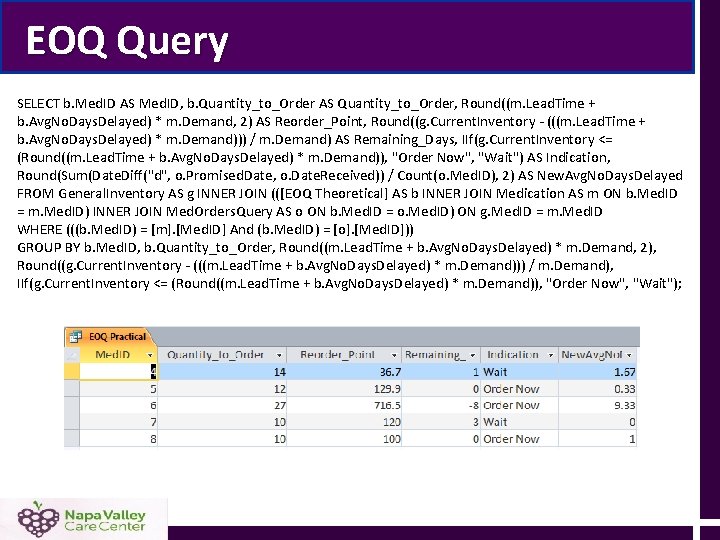 EOQ Query SELECT b. Med. ID AS Med. ID, b. Quantity_to_Order AS Quantity_to_Order, Round((m. EOQ Query SELECT b. Med. ID AS Med. ID, b. Quantity_to_Order AS Quantity_to_Order, Round((m.