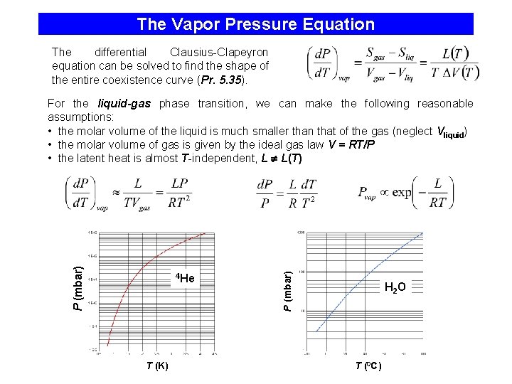 The Vapor Pressure Equation The differential Clausius-Clapeyron equation can be solved to find the