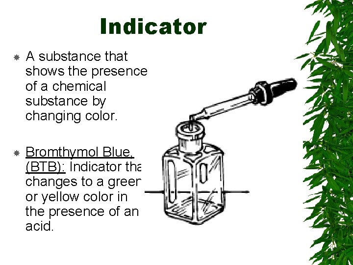 Indicator A substance that shows the presence of a chemical substance by changing color.