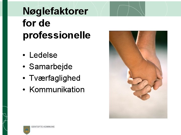 Nøglefaktorer for de professionelle • • Ledelse Samarbejde Tværfaglighed Kommunikation 