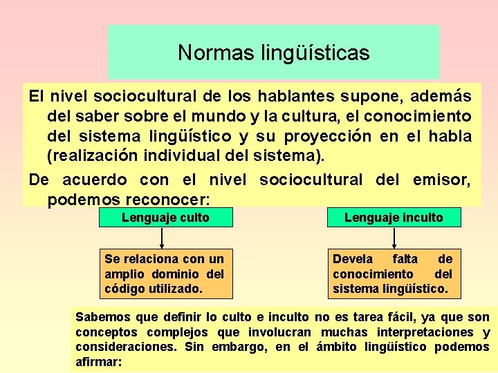 Normas lingüísticas El nivel sociocultural de los hablantes supone, además del saber sobre el