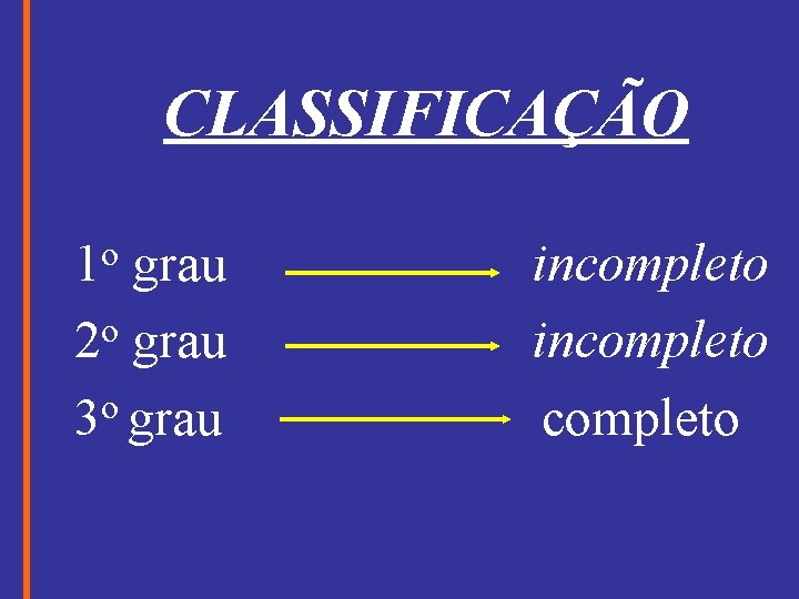 CLASSIFICAÇÃO o 1 grau 2 o grau 3 o grau incompleto 