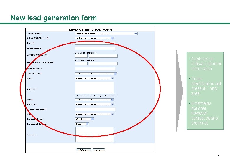 New lead generation form • Captures all critical customer information • Team identification not