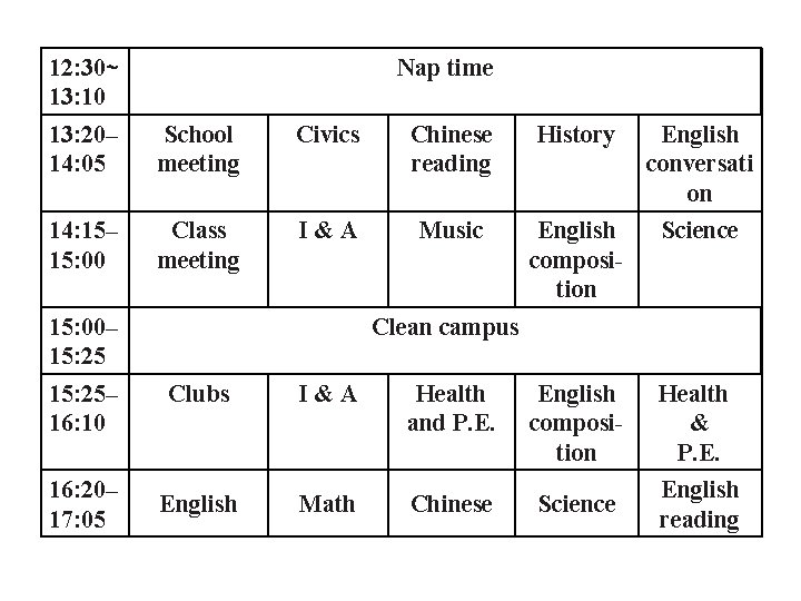 12: 30∼ 13: 10 Nap time 13: 20– 14: 05 School meeting Civics Chinese