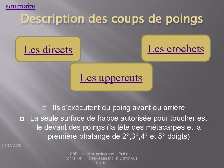 sommaire Description des coups de poings Les crochets Les directs Les uppercuts Ils s’exécutent