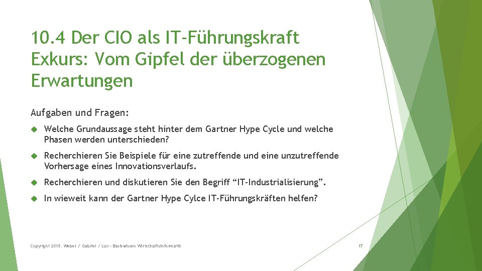 10. 4 Der CIO als IT-Führungskraft Exkurs: Vom Gipfel der überzogenen Erwartungen Aufgaben und