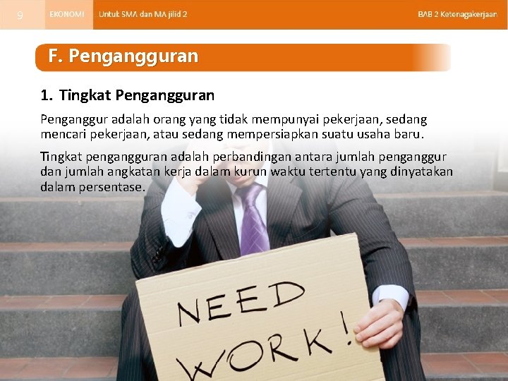 9 F. Pengangguran 1. Tingkat Pengangguran Penganggur adalah orang yang tidak mempunyai pekerjaan, sedang