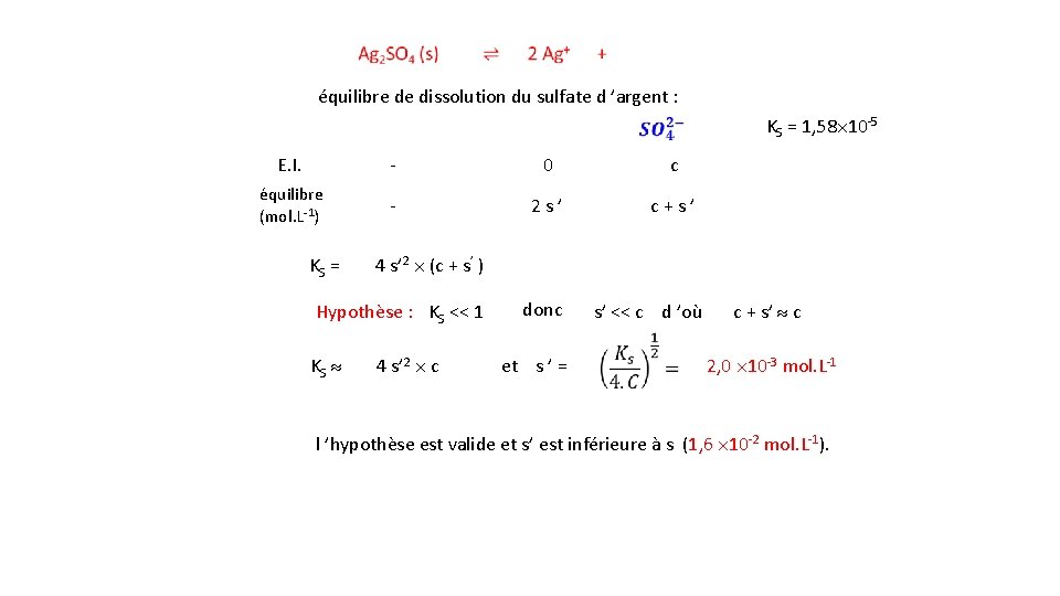  équilibre de dissolution du sulfate d ’argent : KS = 1, 58 10