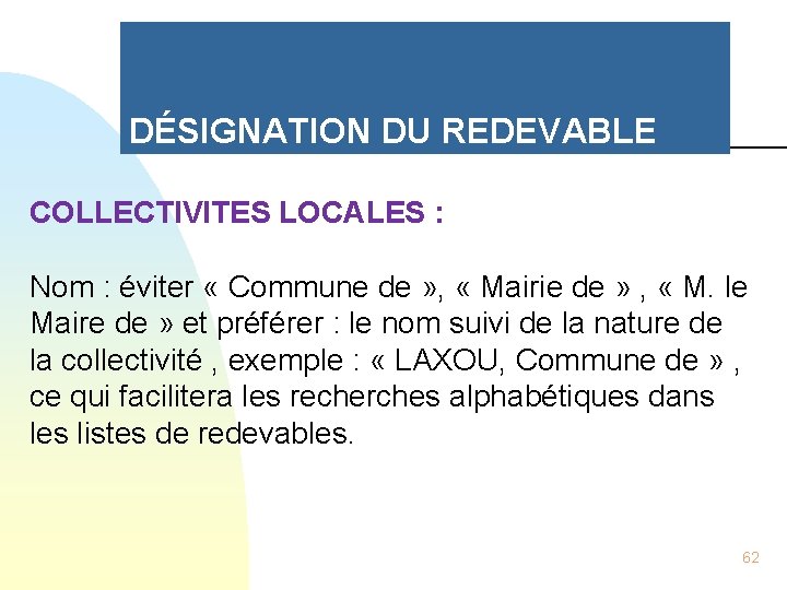 DÉSIGNATION DU REDEVABLE COLLECTIVITES LOCALES : Nom : éviter « Commune de » ,