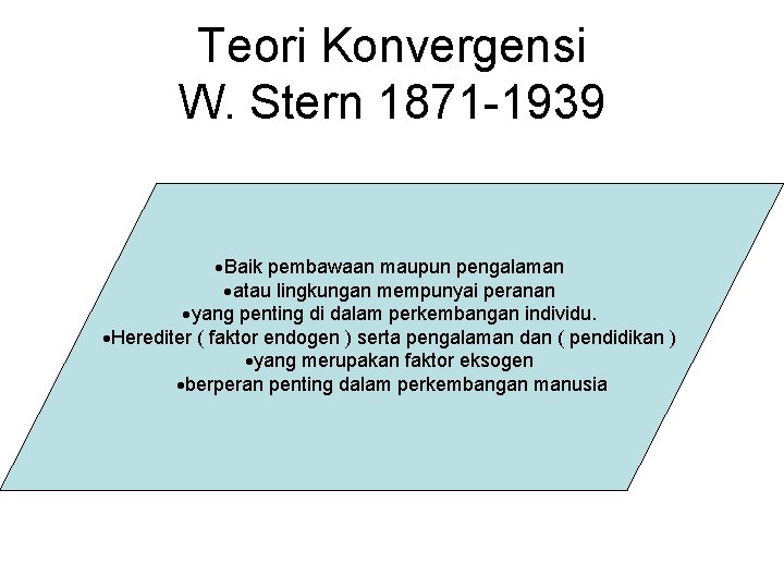 Teori Konvergensi W. Stern 1871 -1939 Baik pembawaan maupun pengalaman atau lingkungan mempunyai peranan