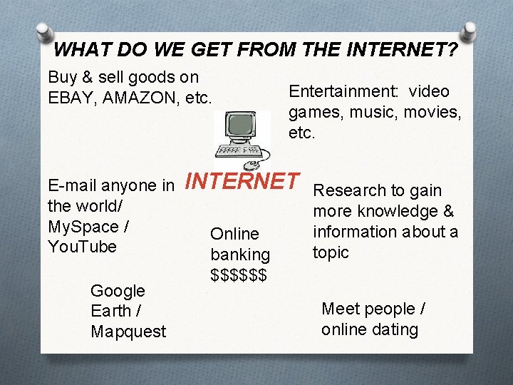 WHAT DO WE GET FROM THE INTERNET? Buy & sell goods on EBAY, AMAZON,