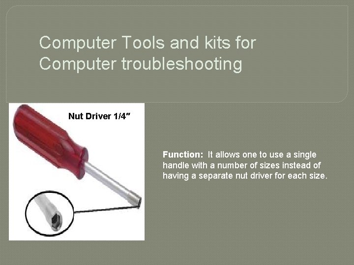 Computer Tools and kits for Computer troubleshooting Nut Driver 1/4″ Function: It allows one