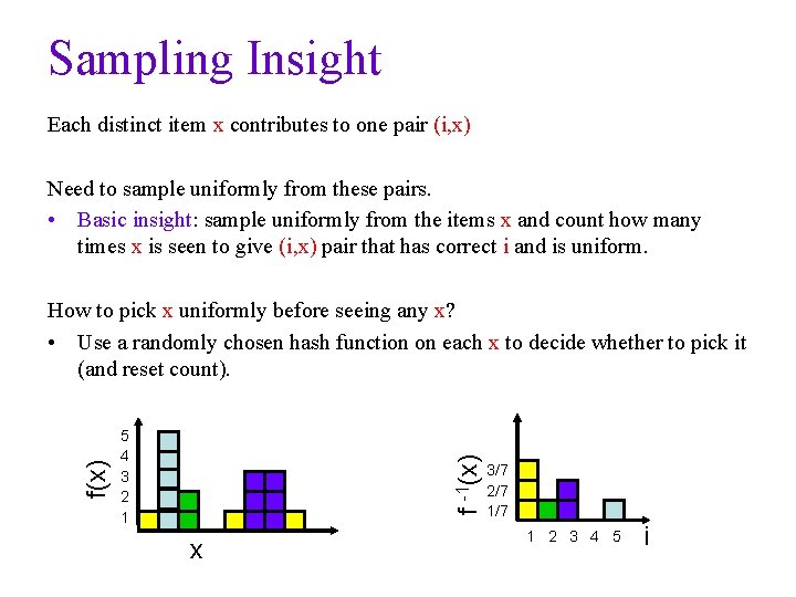 Sampling Insight Each distinct item x contributes to one pair (i, x) Need to